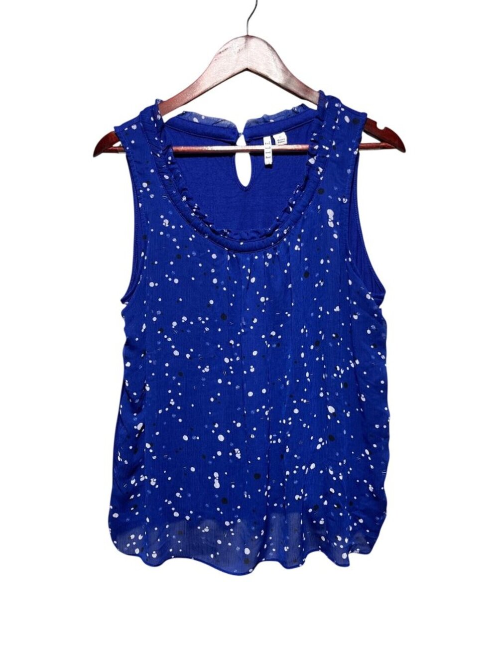 ELLE Womens Large Blue Sleeveless Dot Print Keyhole Back Lined Top Blouse